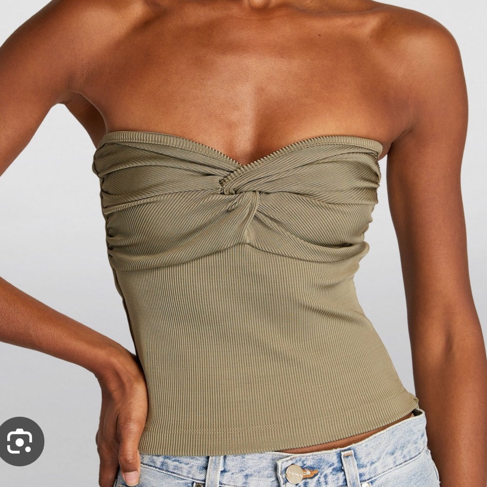 NWOT Goldsign Womens Strapless Ribbed Knit Twist Sweetheart Crop Top (Silver)
